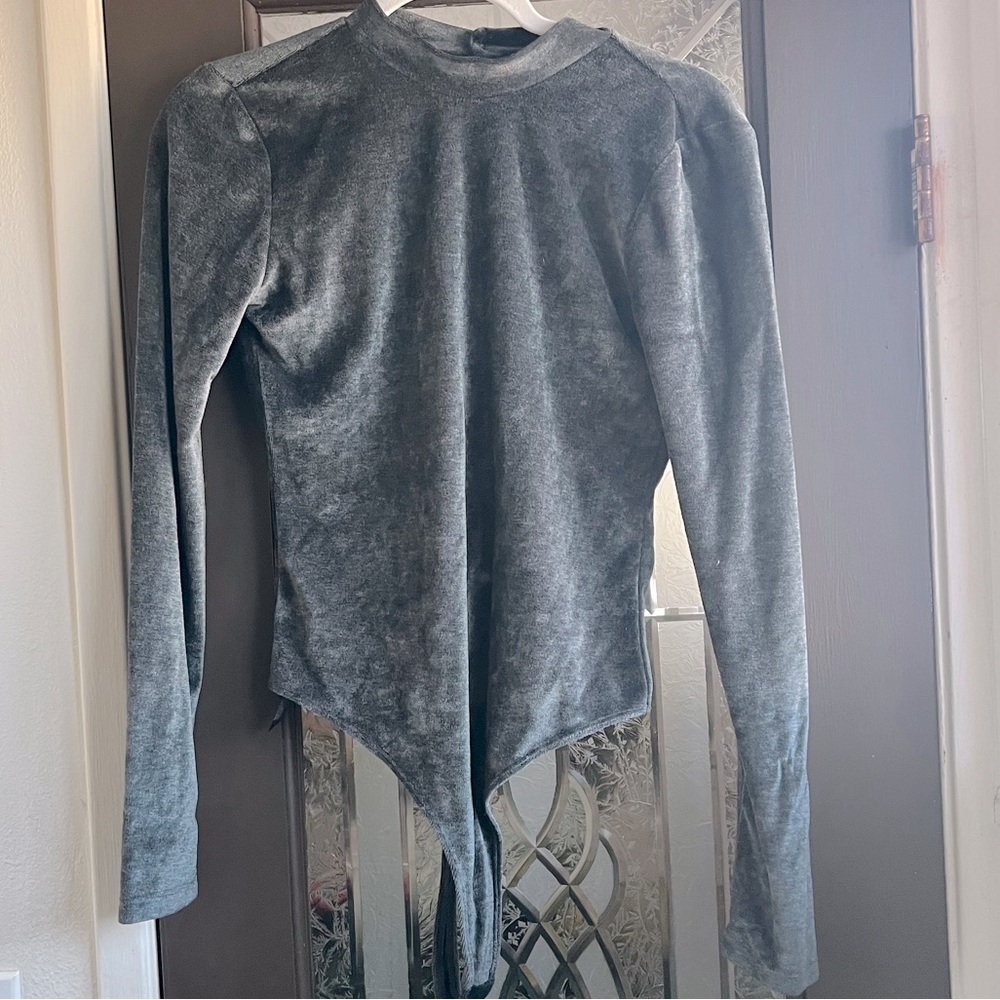 Grey velour bodysuit with open back